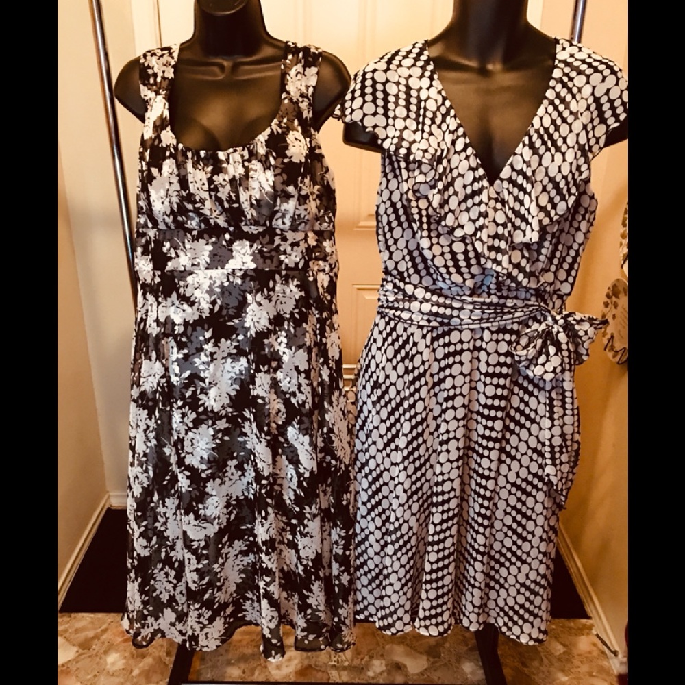 Connected Apparel Black Flower lined Summer Dress and Blue Polka Dots Dress